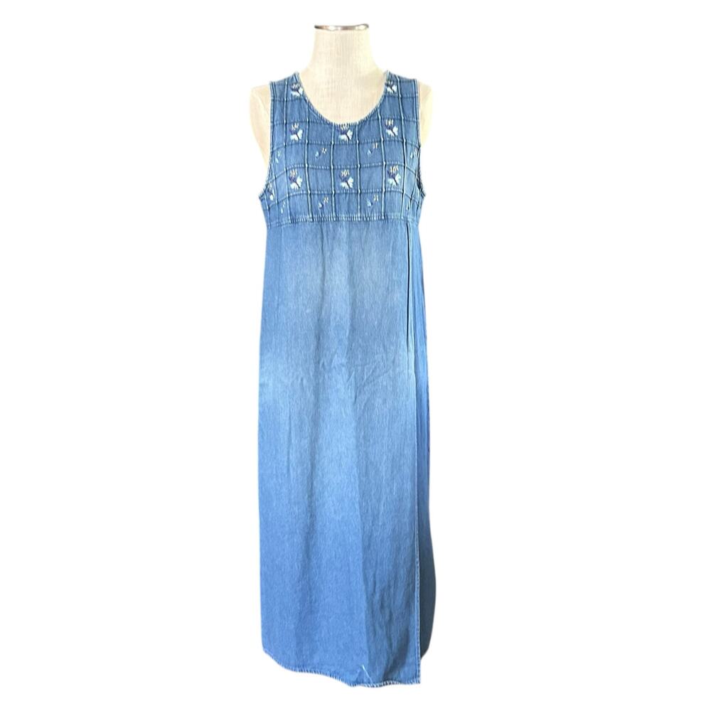 Vintage Blue Floral Denim Dress Women Sz Medium 90s Witchy Americana Embroidered